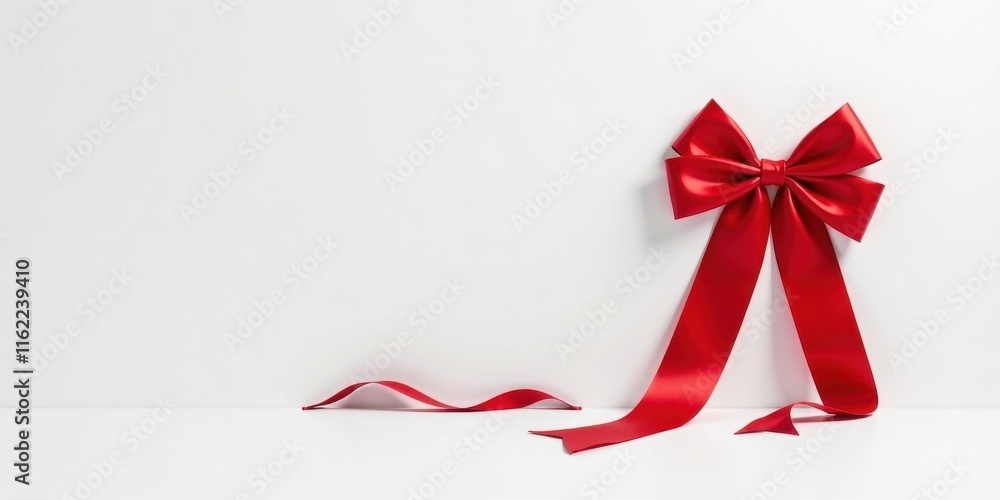 A vibrant red satin ribbon, elegantly tied into a large bow, cascades gracefully onto a pristine white surface, creating a sophisticated and festive visual element. A vibrant red satin ribbon, elegantly tied into a large bow, cascades gracefully onto a pristine white surface, creating a sophisticated and festive visual element.
