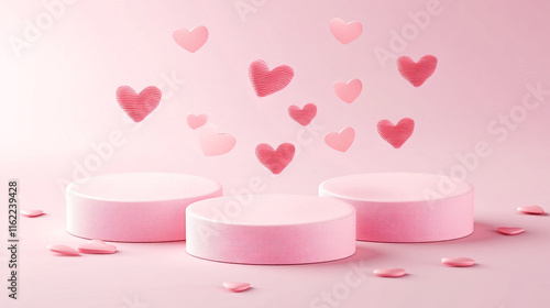 Beautiful pink Valentines day scene mockup with three round podiums, flying ribbed red, pink paper hearts, copy space. Love template for presentation cosmetic produce or goods, advertising, design.