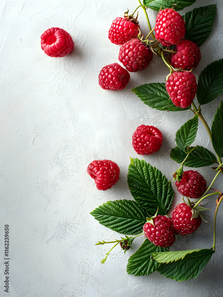 Raspberries with leaves on a white background Raspberries with leaves on a white background