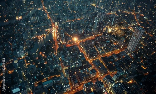 Wallpaper Mural Aerial View of Urban Cityscape at Dusk with Vibrant Lights and Roads Illuminated by Golden Sunset Glow among Tall Skyscrapers and Modern Architecture Torontodigital.ca