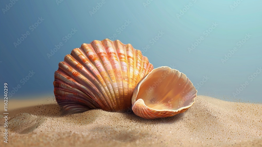 Seashells on Sandy Beach, Summer Serenity Seashells on Sandy Beach, Summer Serenity