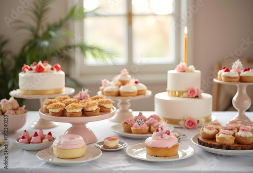 Wallpaper Mural beautifully arranged dessert table featuring various cakes and cupcakes, adorned with flowers and candles, creating delightful and inviting atmosphere for celebrations Torontodigital.ca