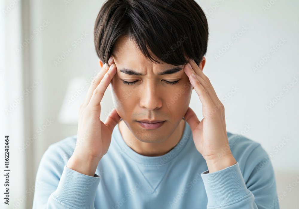 Young man suffering from a headache: Generated image Young man suffering from a headache: Generated image