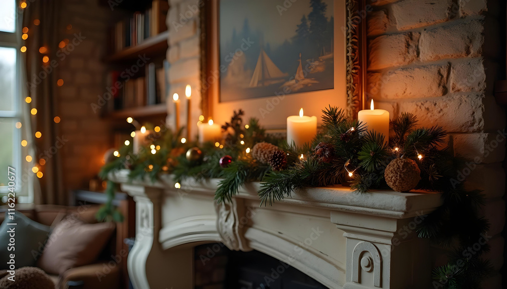 Fototapeta premium cozy Christmas scene featuring beautifully decorated fireplace with candles, pine branches, and ornaments, creating warm and inviting atmosphere