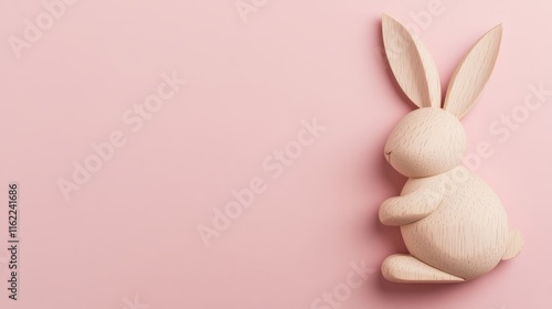 Minimalist easter theme featuring a wooden bunny figurine on a solid pink background with copy space, perfect for seasonal designs, festive decorations, and holiday greeting concepts photo