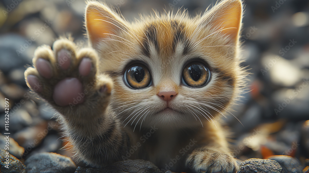 Fototapeta premium small round cat with oversized eyes reaching out playfully