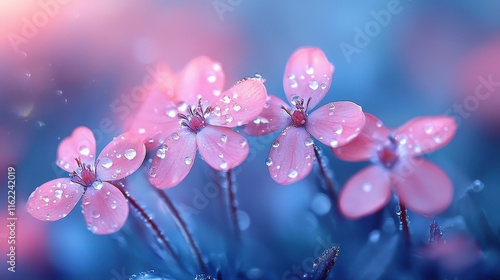 Close-Up of Vibrant Pink Cosmos Flowers in Bloom, Soft Blue and Pink Bokeh Background Creating a Dreamy Atmosphere, Ai Generation