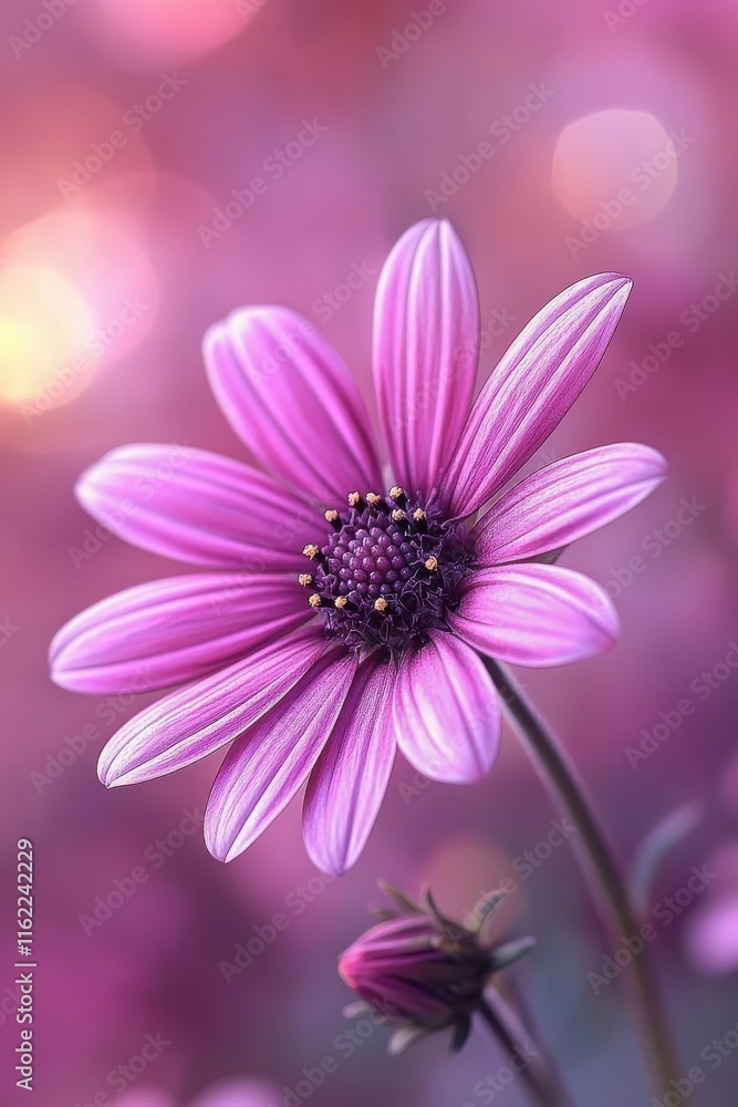 Obraz premium Close-Up of Vibrant Pink Cosmos Flowers in Bloom, Soft Blue and Pink Bokeh Background Creating a Dreamy Atmosphere, Ai Generation