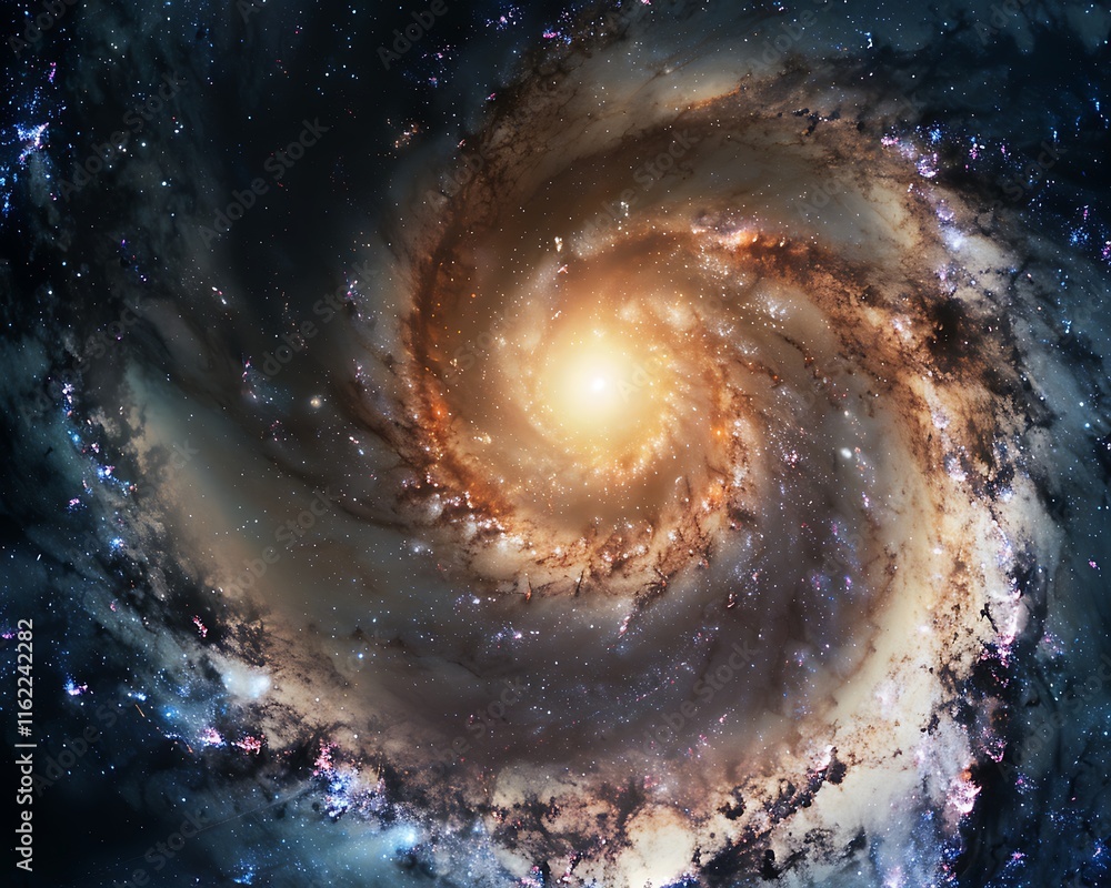 Fototapeta premium Centered spiral galaxy, bright core, dark arms, deep space, natural light, HDR imagery, sharp focus.