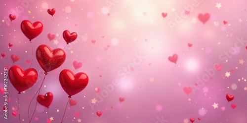 Romantic Red Heart Balloons Ascending in a Dreamy Pink Sky with Sparkling Stardust