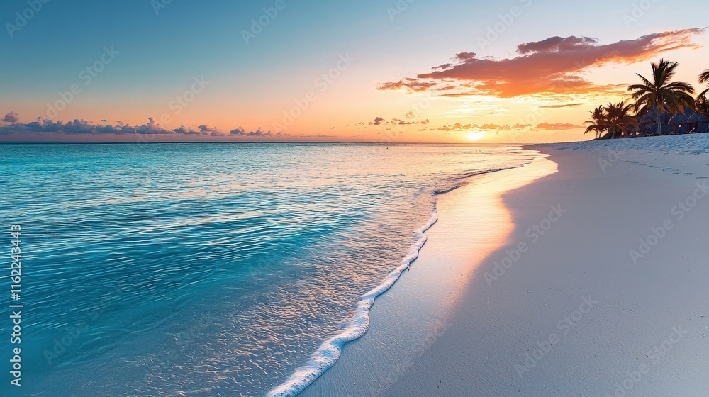 Obraz premium A serene beach at sunset, featuring gentle waves lapping at the shore, with palm trees silhouetted against a colorful sky.