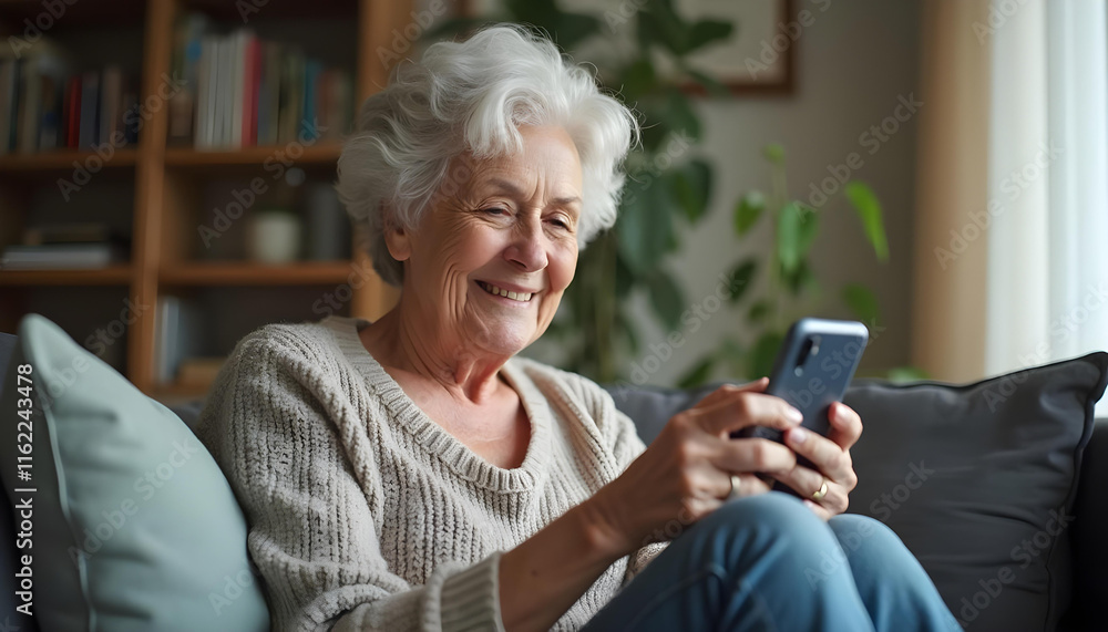 smiling elderly woman with gray hair enjoys using her smartphone while sitting on cozy couch in well lit living room. atmosphere is warm and inviting smiling elderly woman with gray hair enjoys using her smartphone while sitting on cozy couch in well lit living room. atmosphere is warm and inviting