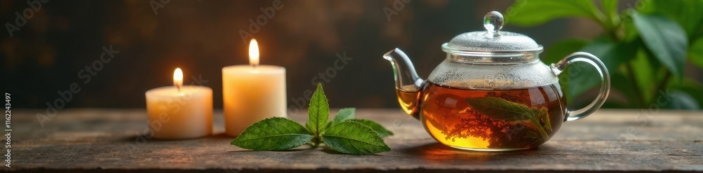 Clear glass teapot with herbal tea, two lit candles, rustic wood tabletop, comfort, light, autumn Clear glass teapot with herbal tea, two lit candles, rustic wood tabletop, comfort, light, autumn