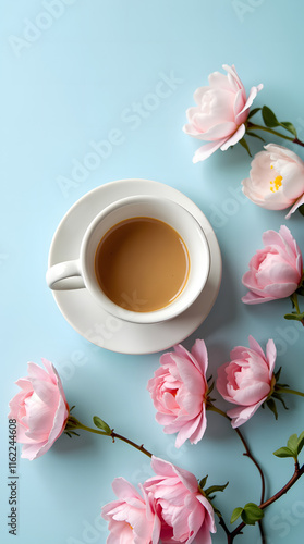 Coffee cup surrounded by blooming flowers on a light blue background. Warm beverage paired with spring blossoms. Romantic morning setup for Women's Day or Valentine's Day. Flat lay, top view with spac photo