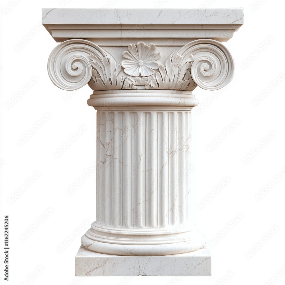 Fototapeta premium Elegant white marble Corinthian column showcasing intricate scrollwork and floral designs.