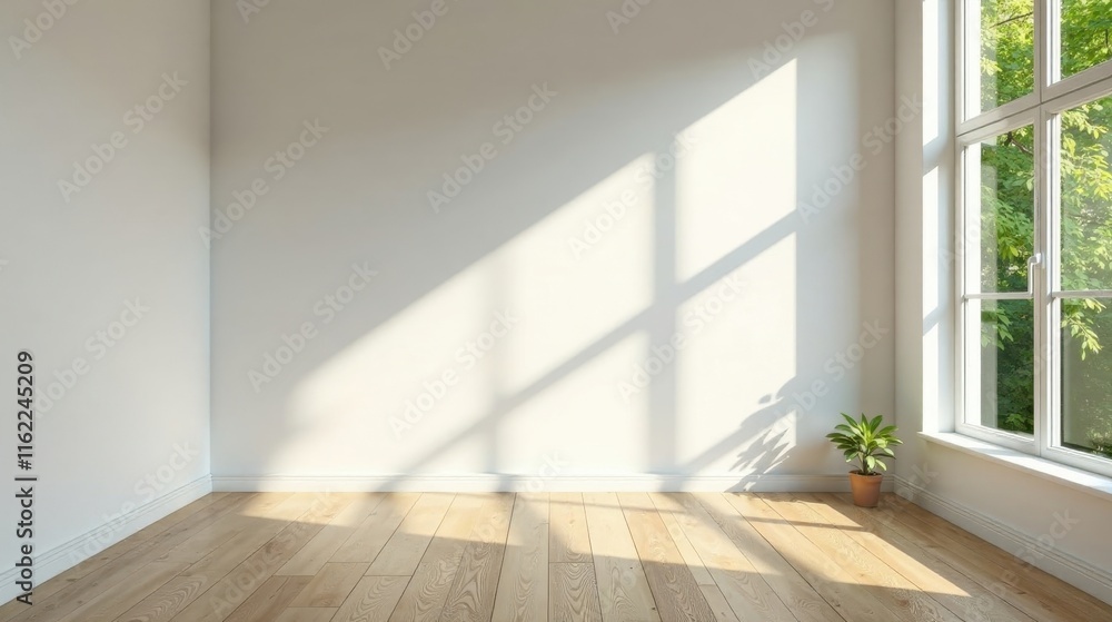 Obraz premium Sunlit Empty Room with Hardwood Floor and Large Window Showing Greenery
