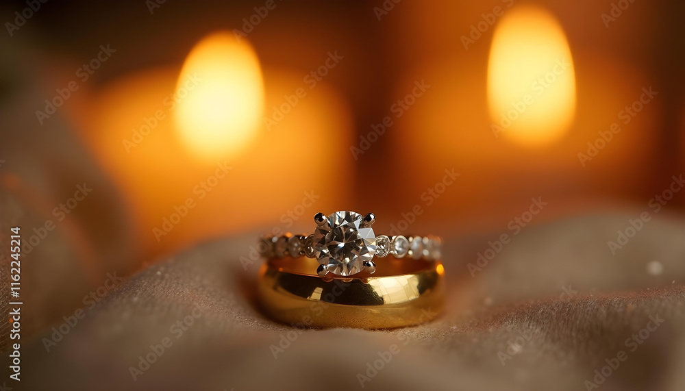 beautiful engagement ring and wedding band set on soft fabric, illuminated by warm candlelight, creating romantic atmosphere beautiful engagement ring and wedding band set on soft fabric, illuminated by warm candlelight, creating romantic atmosphere