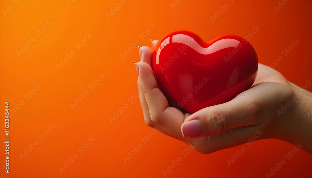 Fototapeta premium hand holding shiny red heart against orange background symbolizes love and affection. This vibrant image evokes warmth and emotional connection