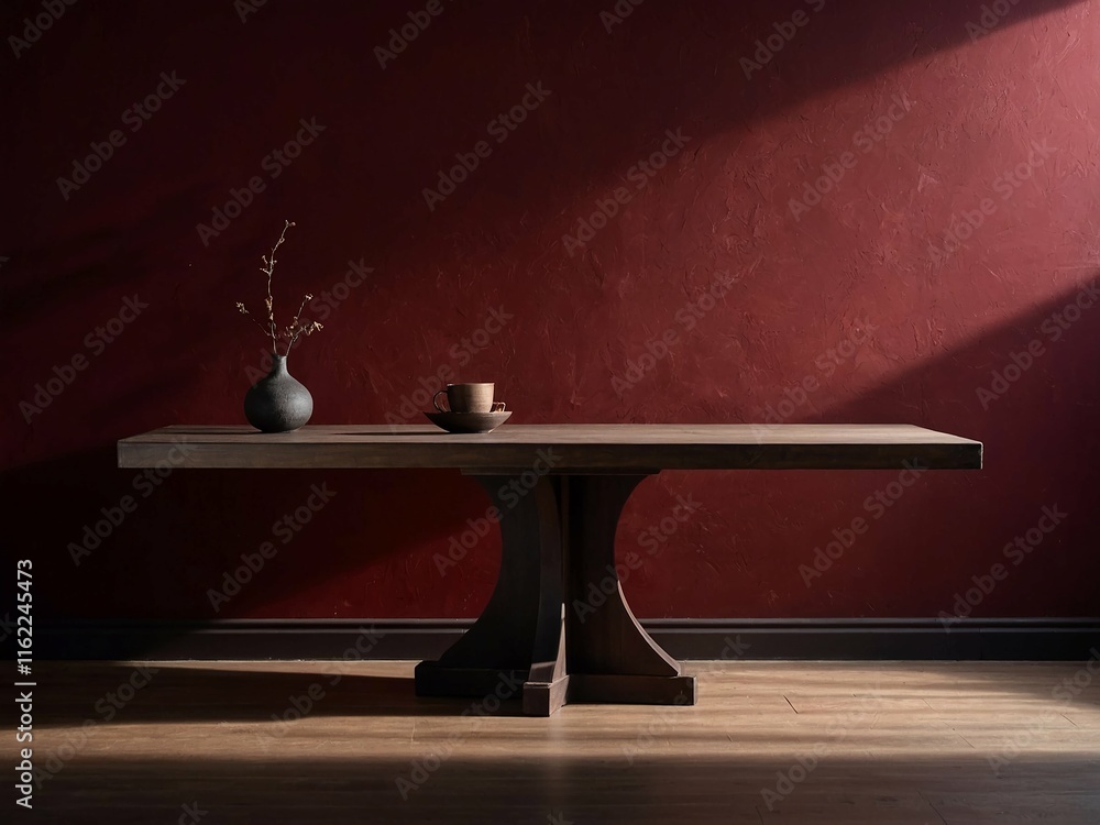 Obraz premium mockup with wooden table on deep burgundy background