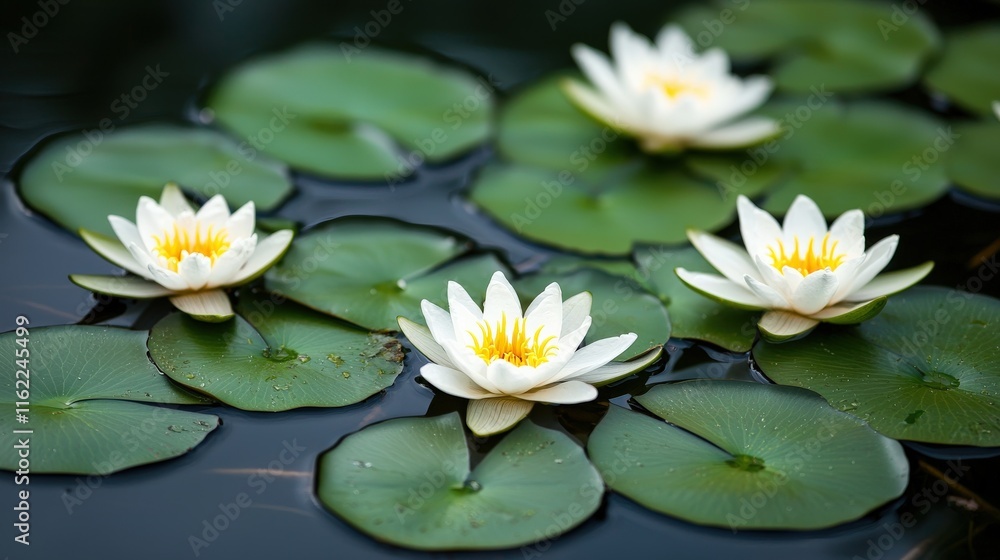 Four white water lilies bloom on green leaves in a serene pond, creating a tranquil and picturesque natural scene. Four white water lilies bloom on green leaves in a serene pond, creating a tranquil and picturesque natural scene.