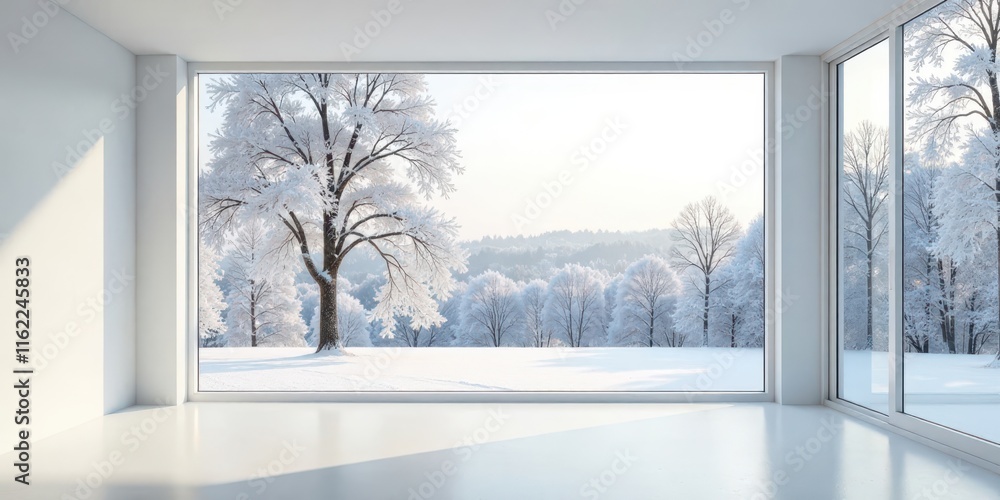 Fototapeta premium Serene Winter Landscape Viewed Through Expansive Floor-to-Ceiling Windows in a Minimalist Room