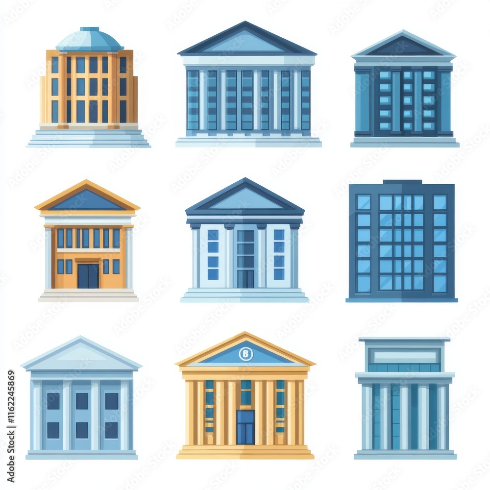Fototapeta premium Collection of diverse architectural building illustrations in various styles and colors.