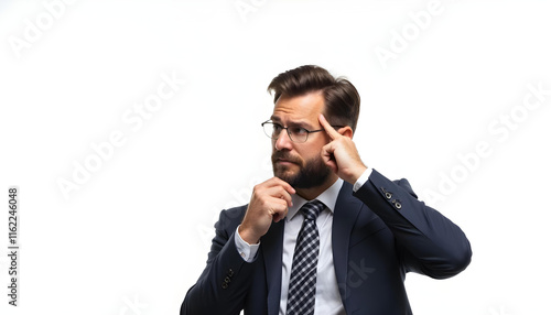 thoughtful man in suit with glasses, pondering idea or decision. His expression reflects contemplation and focus