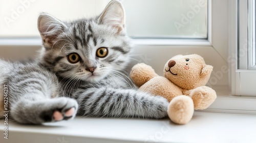 Playful Kitten with Stuffed Toy on Windowsill photo