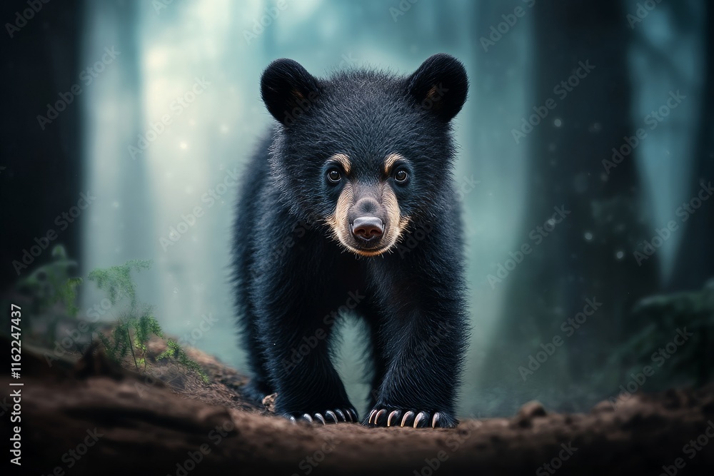 Adorable Black Bear Cub in Forest - A cute black bear cub stands alert in a misty forest, symbolizing wilderness, youth, curiosity, nature, and resilience. Adorable Black Bear Cub in Forest - A cute black bear cub stands alert in a misty forest, symbolizing wilderness, youth, curiosity, nature, and resilience.