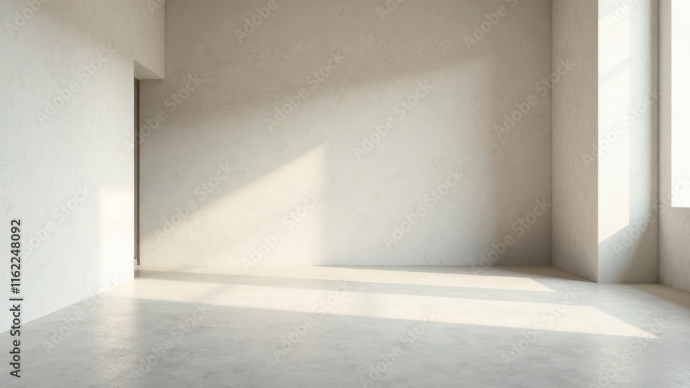 Empty Room with Sunlight Streaming Through Windows, Creating Soft Shadows on the Neutral Walls and Polished Floor Empty Room with Sunlight Streaming Through Windows, Creating Soft Shadows on the Neutral Walls and Polished Floor
