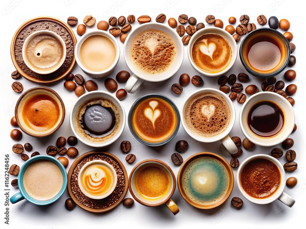 Aerial View: Espresso Coffee in Diverse Cups, Isolated on  Background