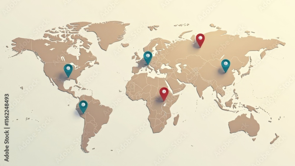 Naklejka premium Global Network Visualization Multiple Location Markers on a Detailed World Map Showing Interconnectivity
