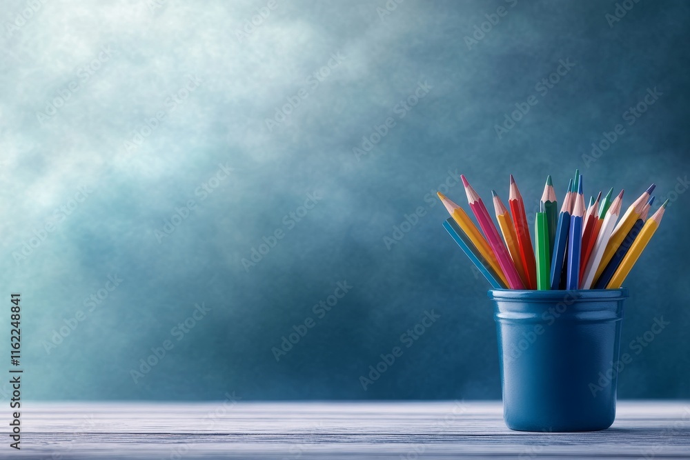 Obraz premium Art Welcome Back To School Banner - Colorful pencils in a blue cup symbolize creativity, education, learning, new beginnings, and artistic expression. Back to school concept.
