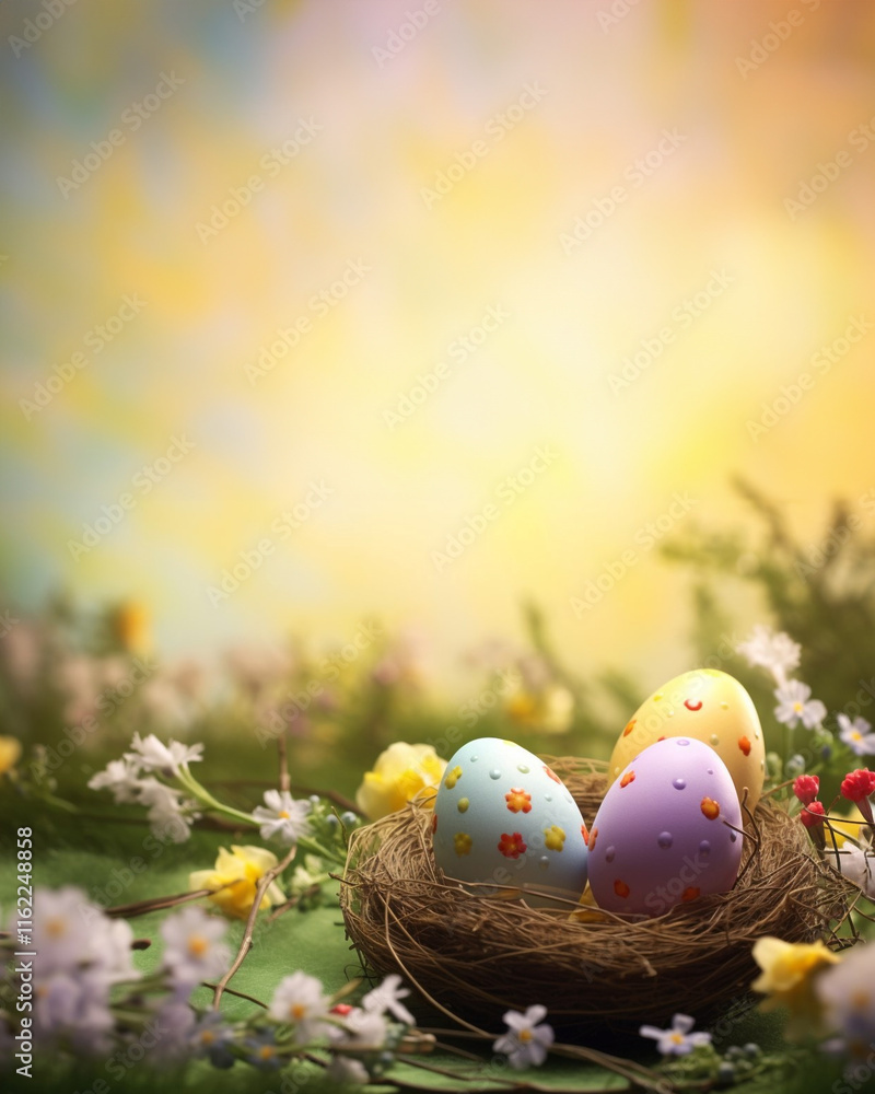 Happy Easter. Nest filled with vibrant, hand-painted Easter eggs surrounded by delicate spring flowers, bathed in warm sunlight. A picturesque celebration of Easter and the beauty of spring Happy Easter. Nest filled with vibrant, hand-painted Easter eggs surrounded by delicate spring flowers, bathed in warm sunlight. A picturesque celebration of Easter and the beauty of spring