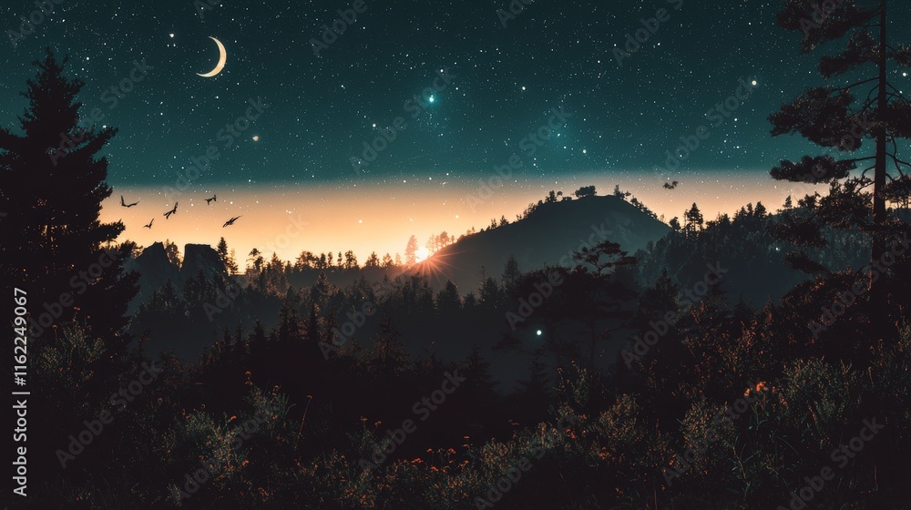 Dreamlike Night Sky Forest Silhouette Starry Landscape Moon Sunrise Dreamlike Night Sky Forest Silhouette Starry Landscape Moon Sunrise