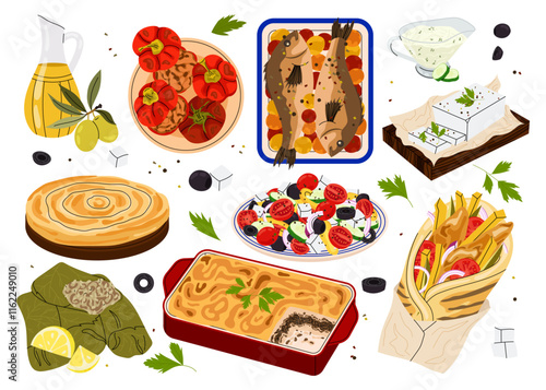 Greek traditional cuisine. Set of illustrations of national Greek dishes moussaka, dolma, stuffed peppers, feta cheese, olive oil, Greek salad.