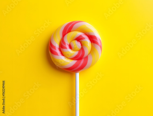 Retro style lollipop with bright colors, round shape on yellow background. Round spiral candy bar on a stick, hard sugar caramel lollipop with striped swirls. Candies and sweets for children. photo