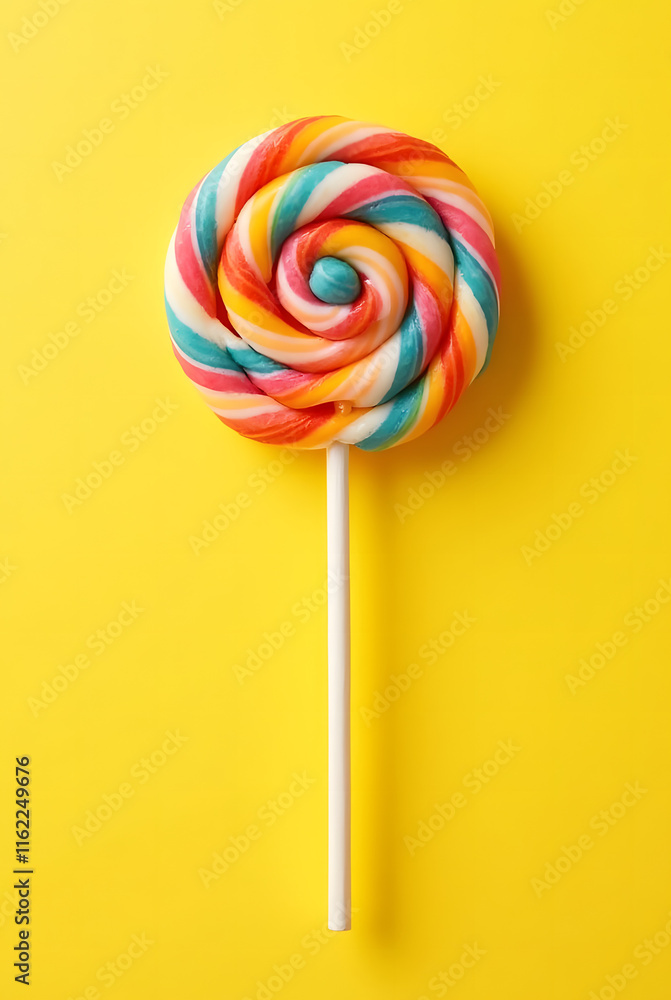Retro style lollipop with bright colors, round shape on yellow background. Round spiral candy bar on a stick, hard sugar caramel lollipop with striped swirls. Candies and sweets for children.