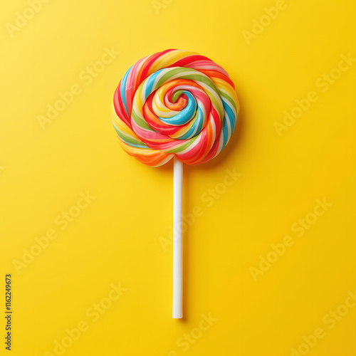 Wallpaper Mural Retro style lollipop with bright colors, round shape on yellow background. Round spiral candy bar on a stick, hard sugar caramel lollipop with striped swirls. Candies and sweets for children. Torontodigital.ca