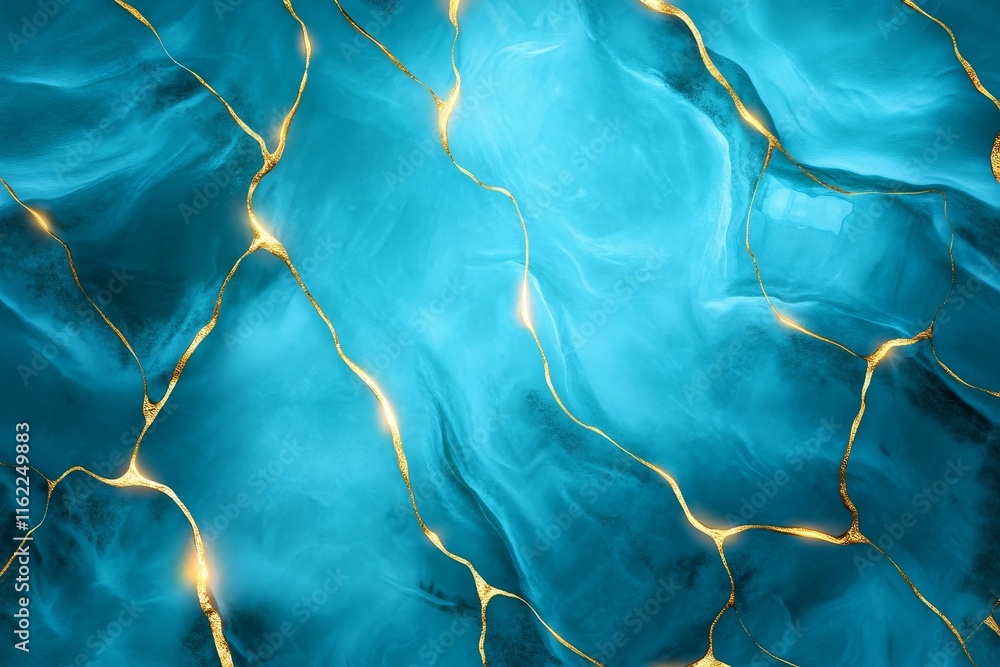 Naklejka premium Blue Abstract Gold Veins - Luxurious, elegant, serene, dynamic, flowing. Blue and gold abstract art.