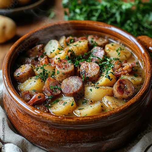 traditional irish coddle in a ceramic pot