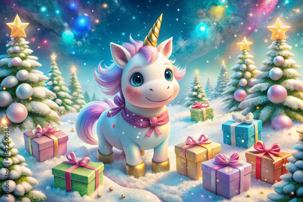 Aerial Winter Wonderland: Cute Unicorn & Gifts Festive Card Aerial Winter Wonderland: Cute Unicorn & Gifts Festive Card