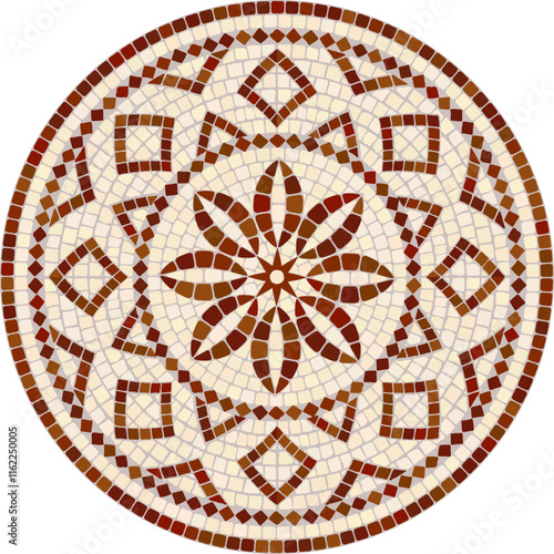 Classic circular mosaic ornament in brown and beige colors. For ceramics, tiles, ornaments, backgrounds and other projects.