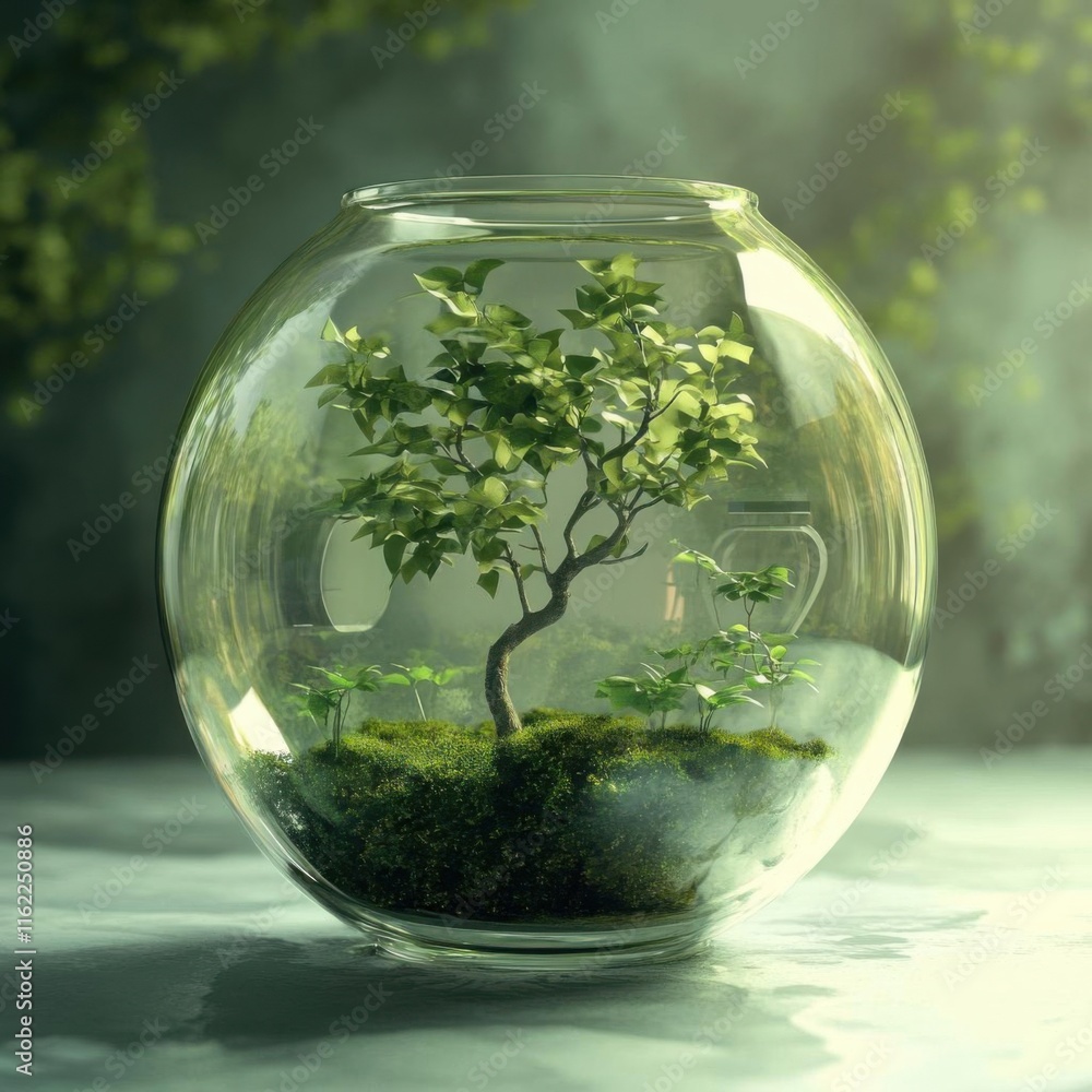 Small tree inside a glass terrarium. Small tree inside a glass terrarium.