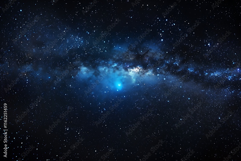Obraz premium High-resolution illustration of the Milky Way, blue luminescence at the center, illuminating stars in a black void, symbolizing universal mystery and creation.