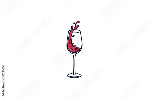 wine glass with red wine splash line art vector illustration
