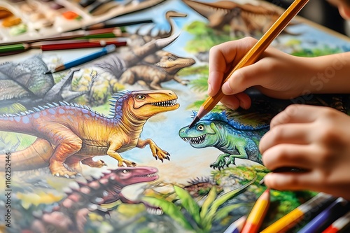 Children enjoy coloring dinosaur drawings during school holidays photo