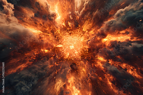 Dramatic High-Intensity Explosion with Radiating Flames Against Dark Background