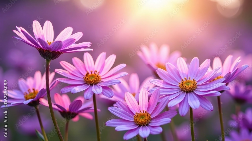 Fototapeta premium Delicate pastel purple wildflowers bathed in the warm glow of sunrise, a breathtaking display of natural beauty in a serene meadow