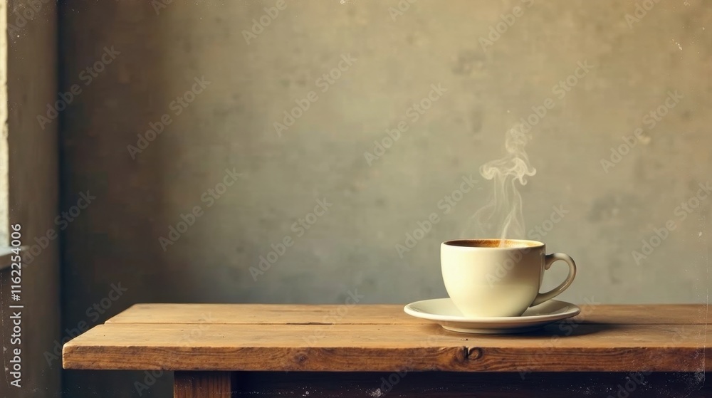 Aromatic Steam Rising From a Warm Mug of Coffee on Rustic Wooden Table Aromatic Steam Rising From a Warm Mug of Coffee on Rustic Wooden Table